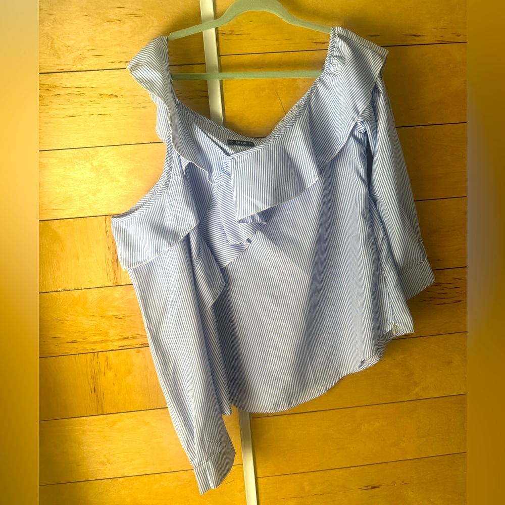 Women's Blue Striped Off-Shoulder Top asymmetrical cold shoulder
